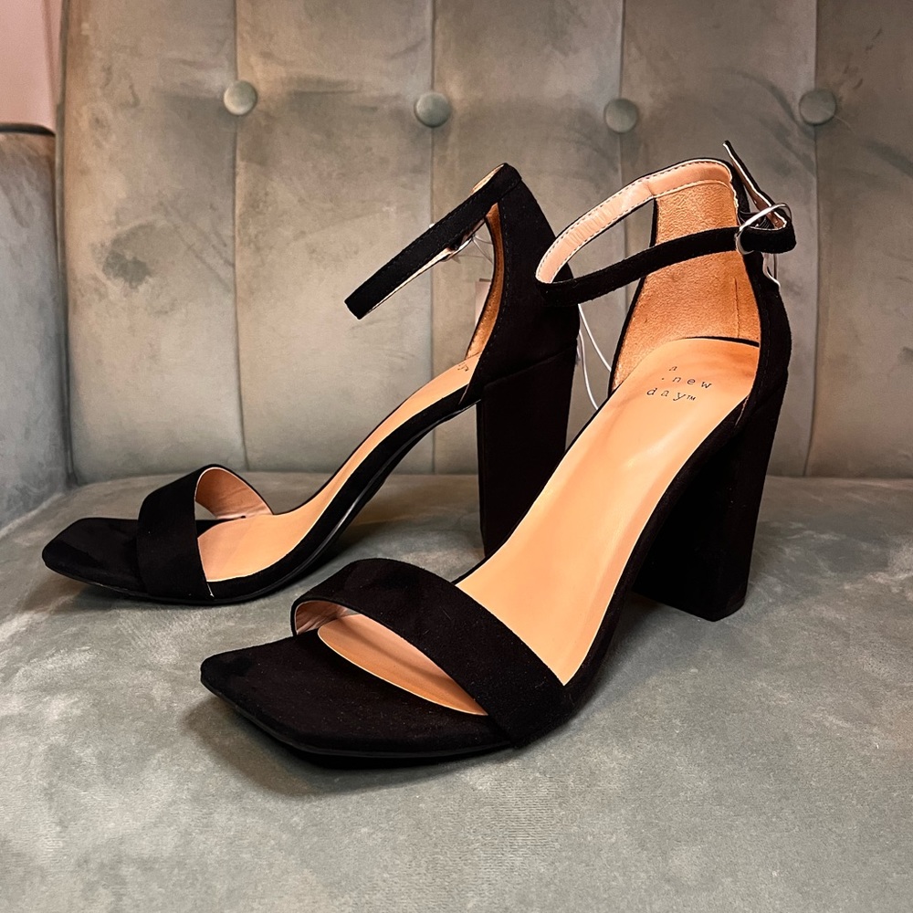 A New Day Black Faux Microsuede block heel with ankle strap